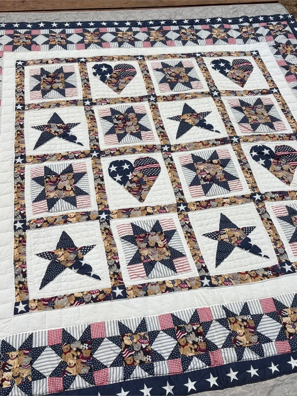 4th of July American Flag Quilt Handmade(?) Star Hearts Teddy Bears 83x81in Kids